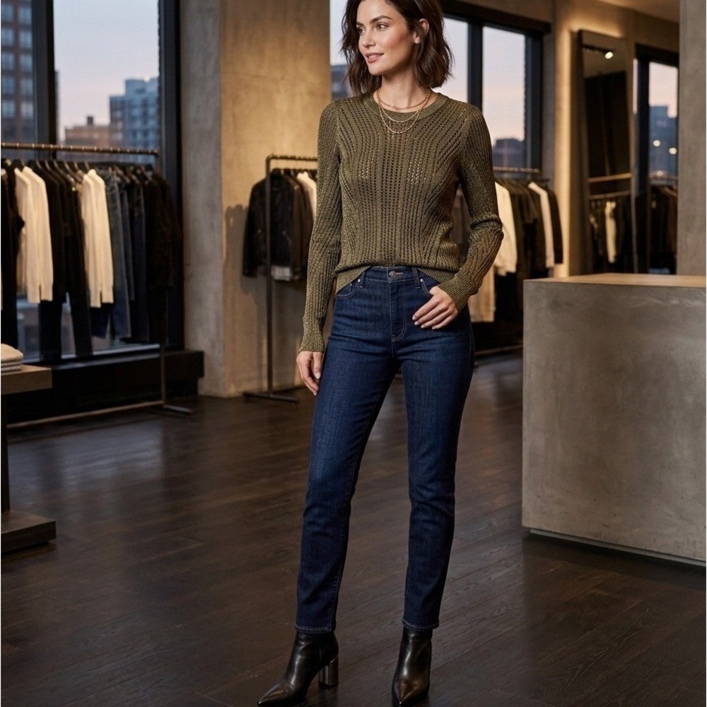 Rag & Bone Olive Green Slinky Pointelle Open Knit Lined Sweater